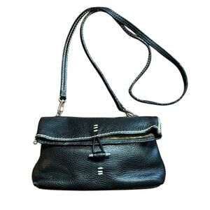 Brighton black purse crossbody bag fold over top Black Leather white stitches